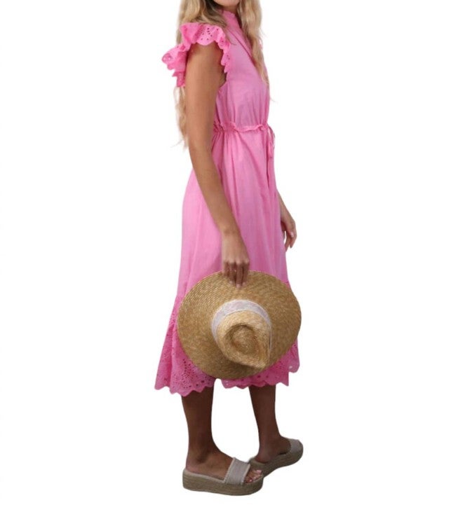 EYELET RUFFLE MIDI DRESS, Palm Pink / Pink, alternate image number null