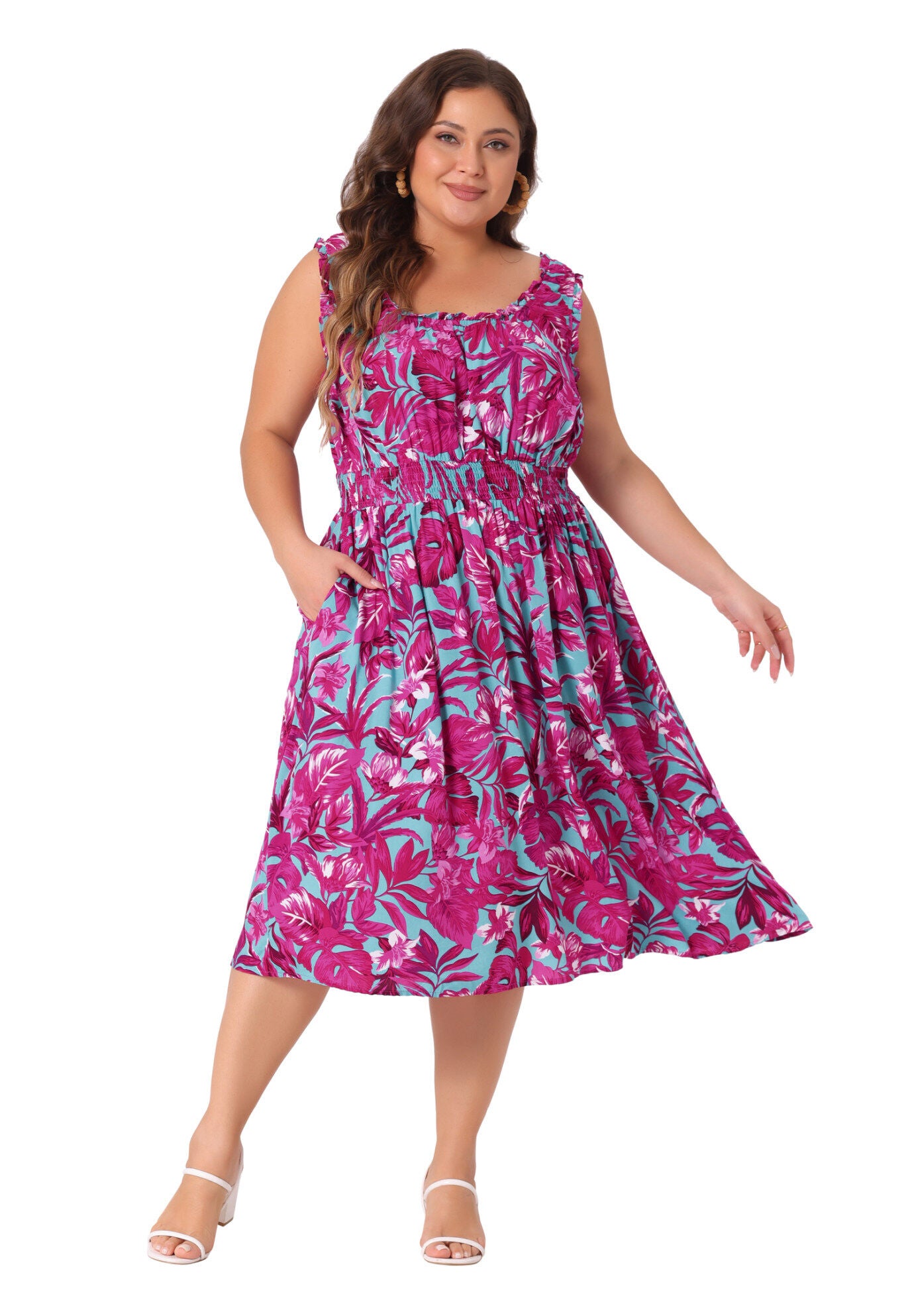 Square Neck Floral Stretchy Waist Midi Summer Dress, Hot Pink / Pink, hi-res image number 0