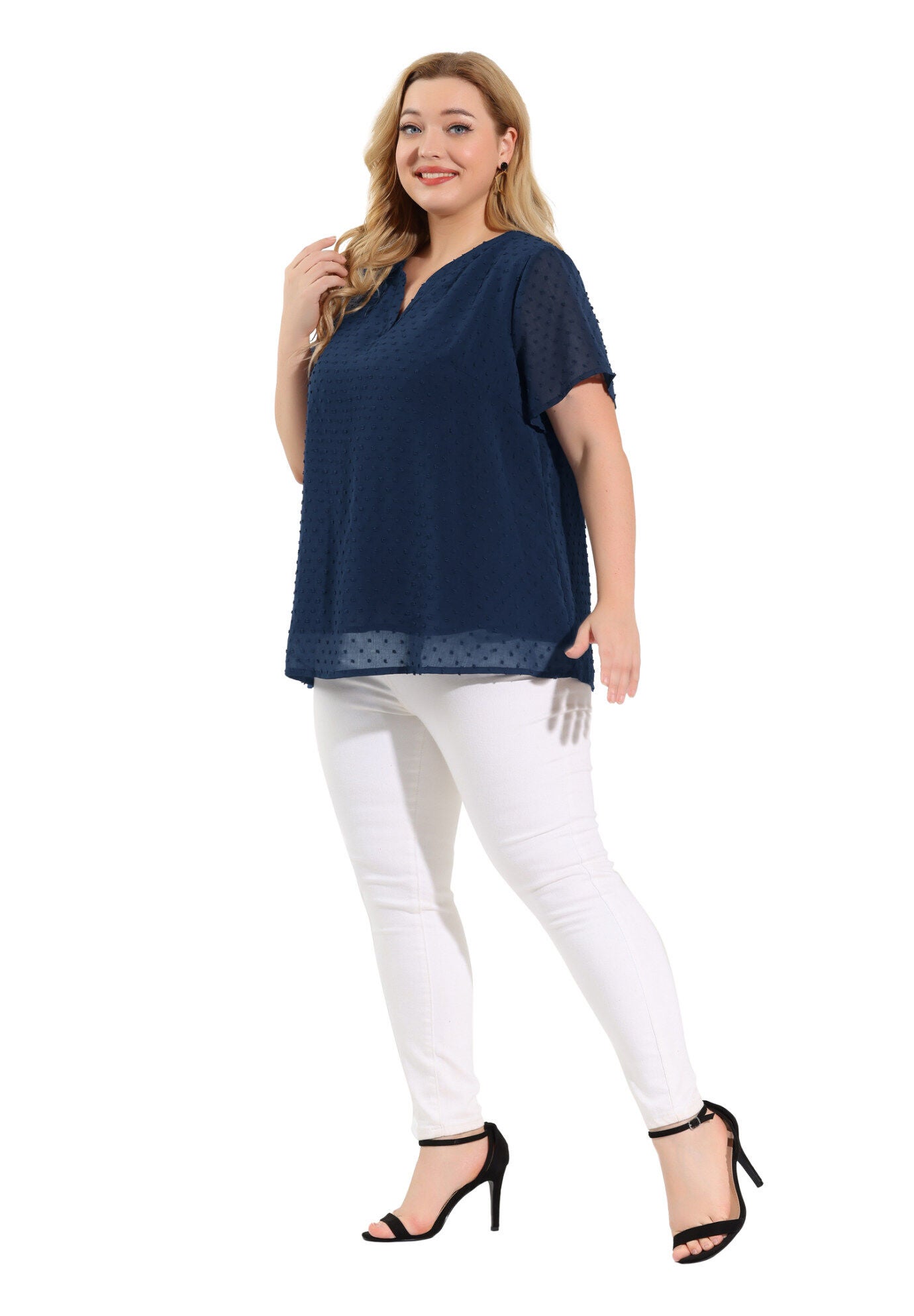 Swiss Dots Notched Neck Short Sleeve Basic Blouse, Navy Blue / Navy, hi-res image number 0