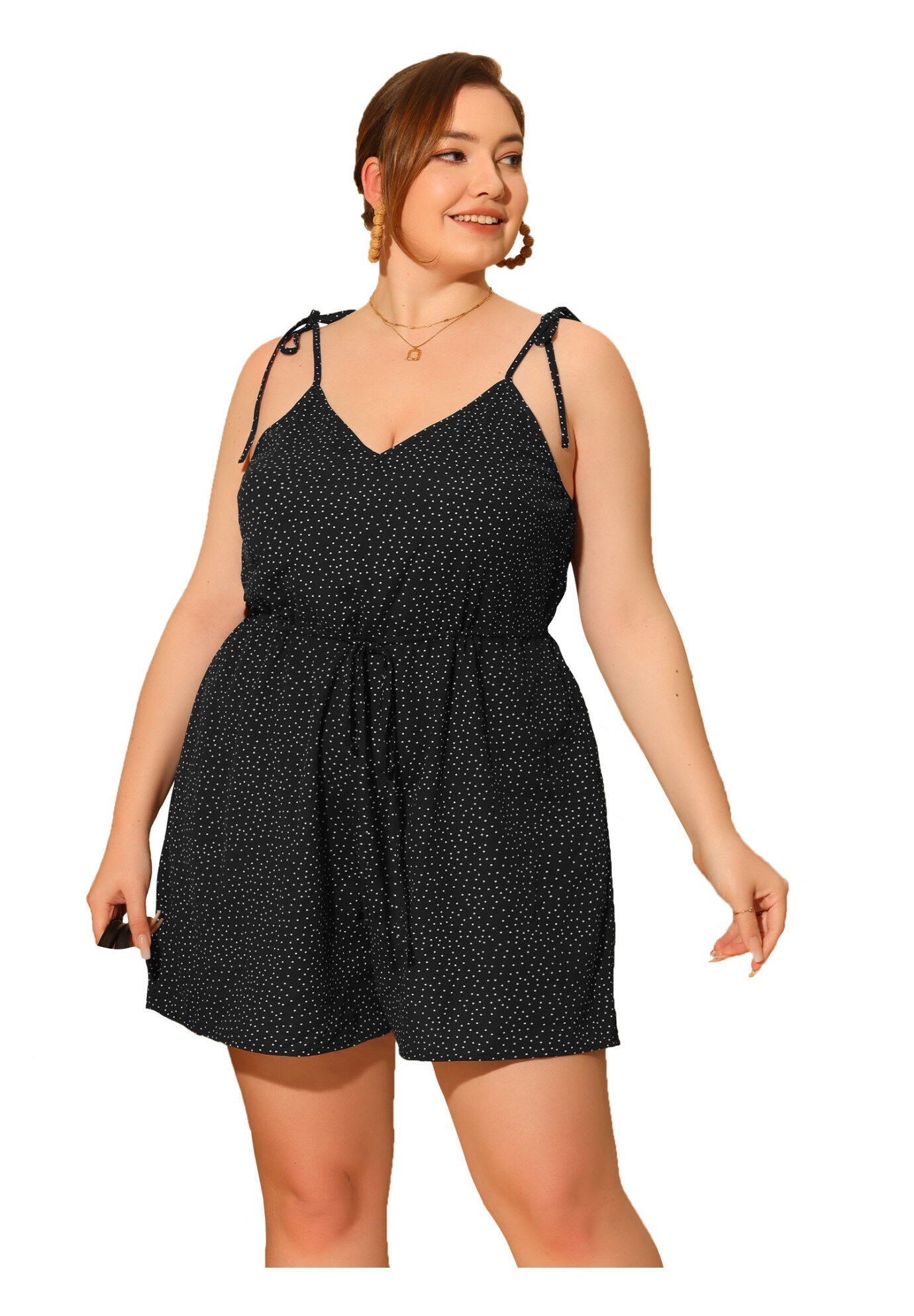 SUMMER POLKA DOTS HIGH ELASTIC WAIST CAMI ROMPER JUMPSUIT, Black / Black, hi-res image number 0