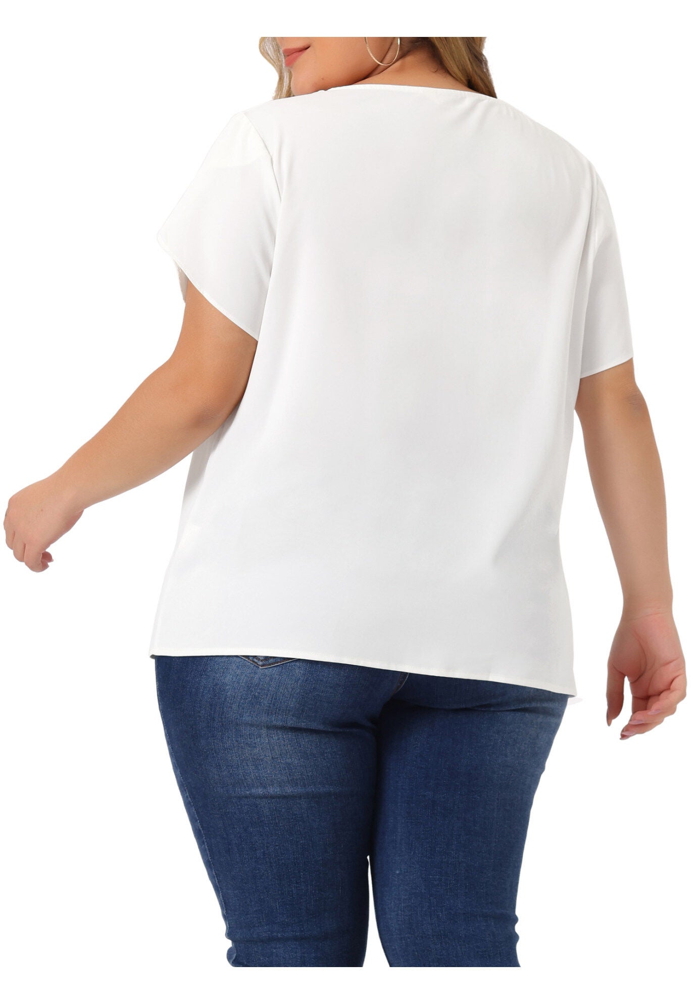 Round Neck Pleated Top Tulip Sleeves Blouse Top, White / White, alternate image number 3