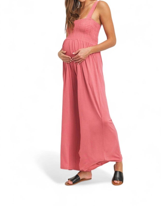 SLEEVELESS SMOCKED MATERNITY JUMPSUIT WITH POCKETS, Coral / Coral, alternate image number 1