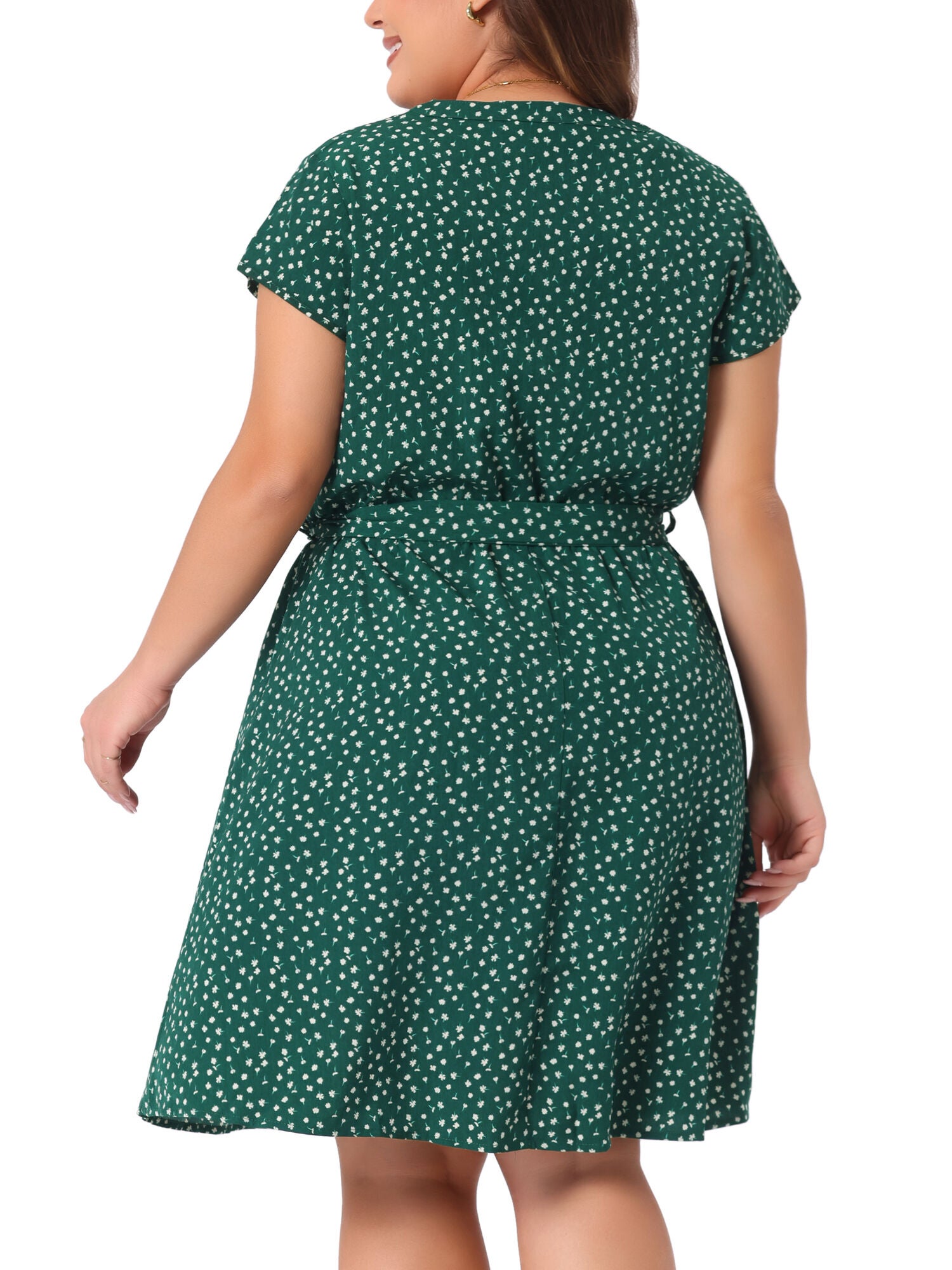 V Neck Belted Summer Floral Dress, Dark Green / Forest Green, alternate image number 3