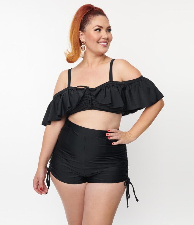 Unique Vintage Black Ruffle Swim Top, , alternate image number 8