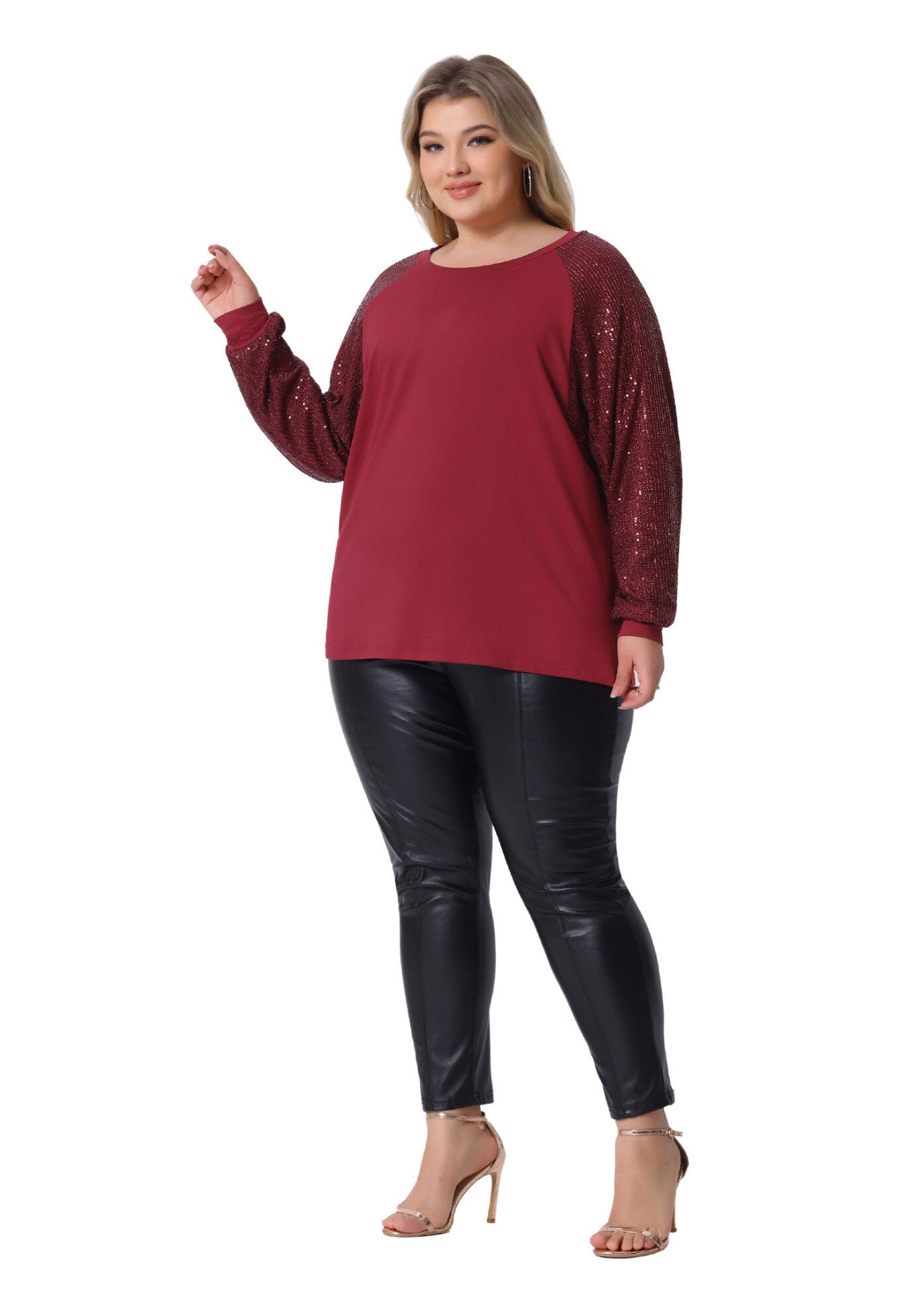 Long Sleeve Shimmer Glitter Sparkle Sequin Top, Burgundy / Burgundy, hi-res image number 0