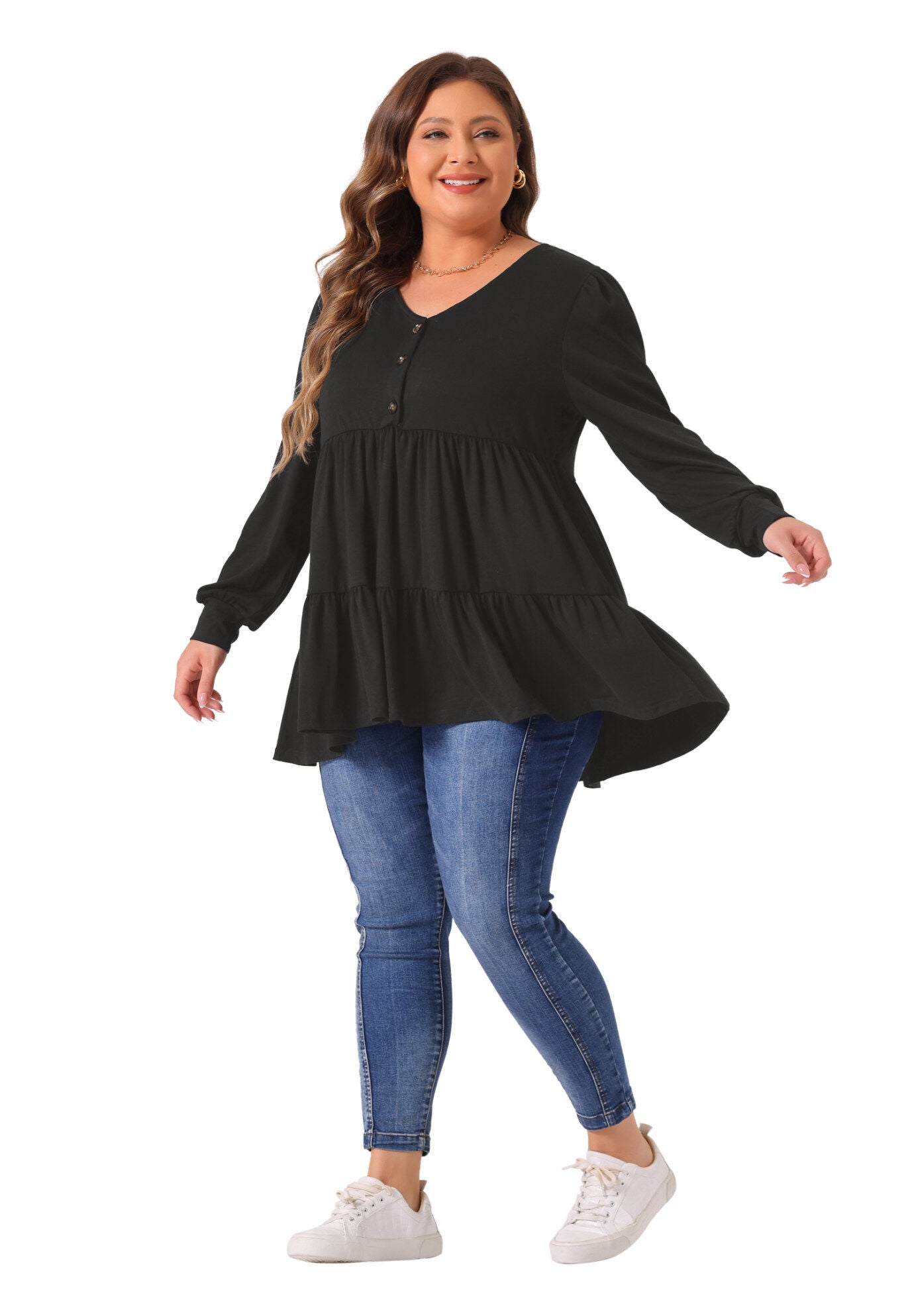V Neck Long Sleeve Button Up Peplum Tunic Babydoll Top, Black / Black, hi-res image number 0