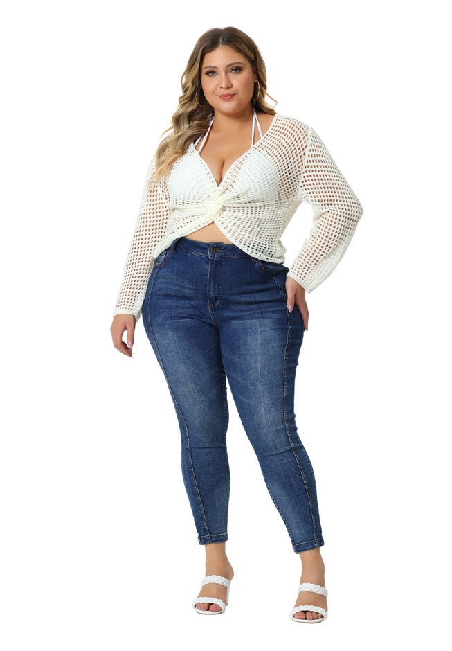 Mesh Crochet Crop Top Hollow Out Knit See Through Cover Up, Cream White / Cream, hi-res image number 0