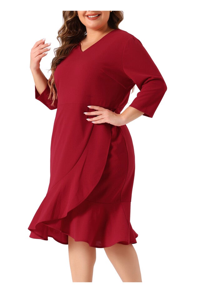 Ruffled 3/4 Sleeve Office Work Cocktail Wrap Dress, Red / Red, alternate image number 1