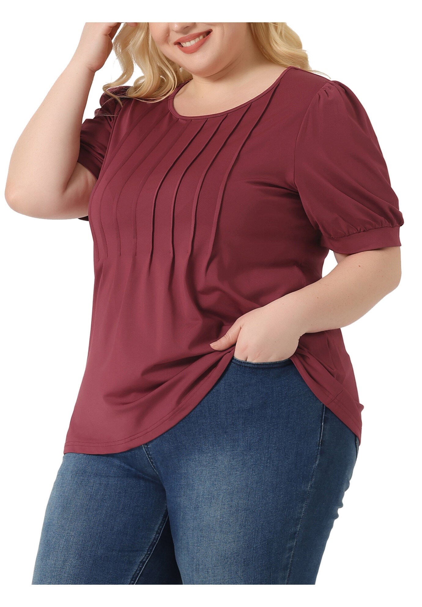 Puff Short Sleeve Crew Neck Pleated Tunic Blouse, Burgundy / Burgundy, alternate image number 1