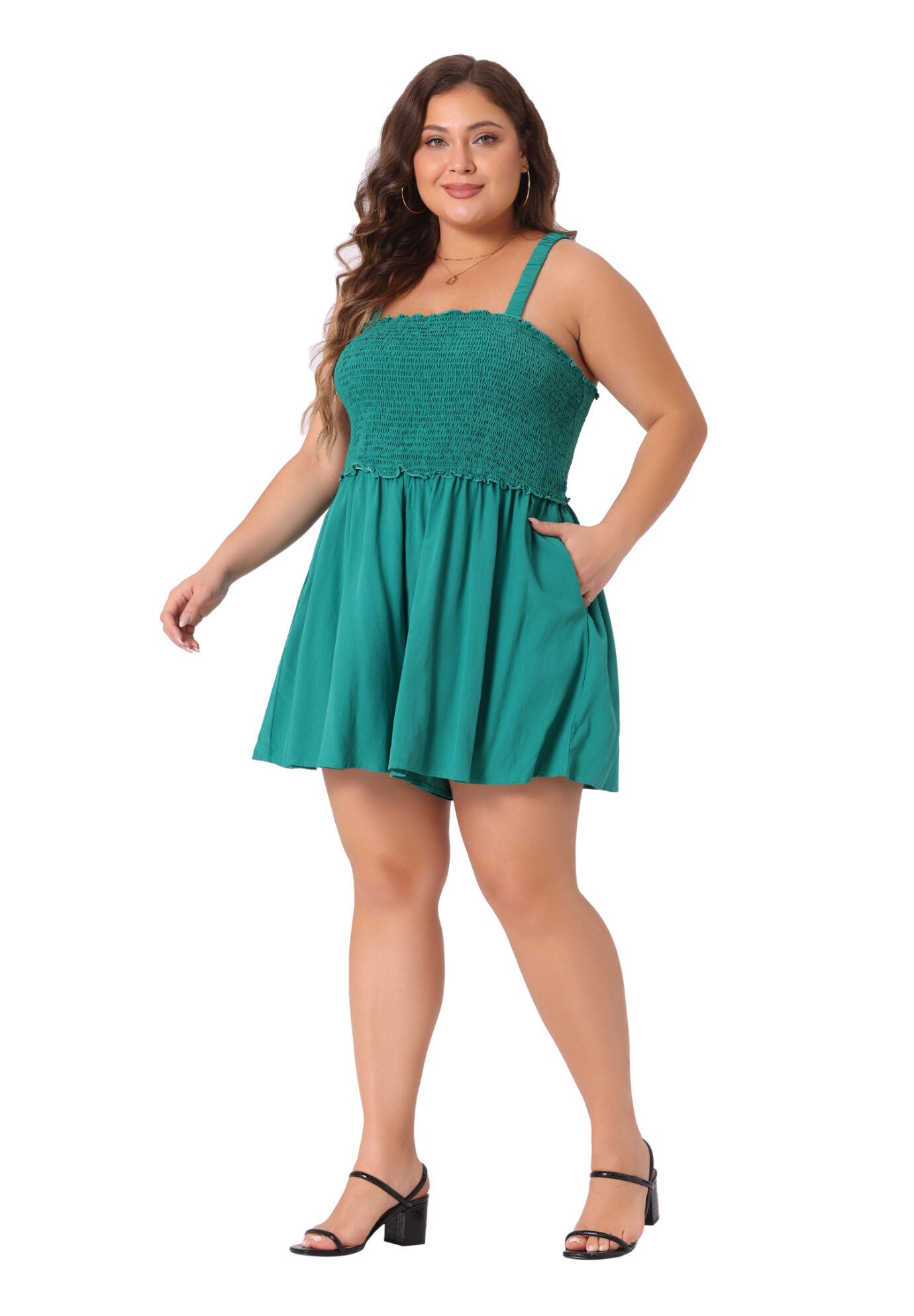SLEEVELESS ROMPERS SQUARE COLLAR FLOWY SHORT JUMPSUIT, Green / Kelly Green, hi-res image number 0