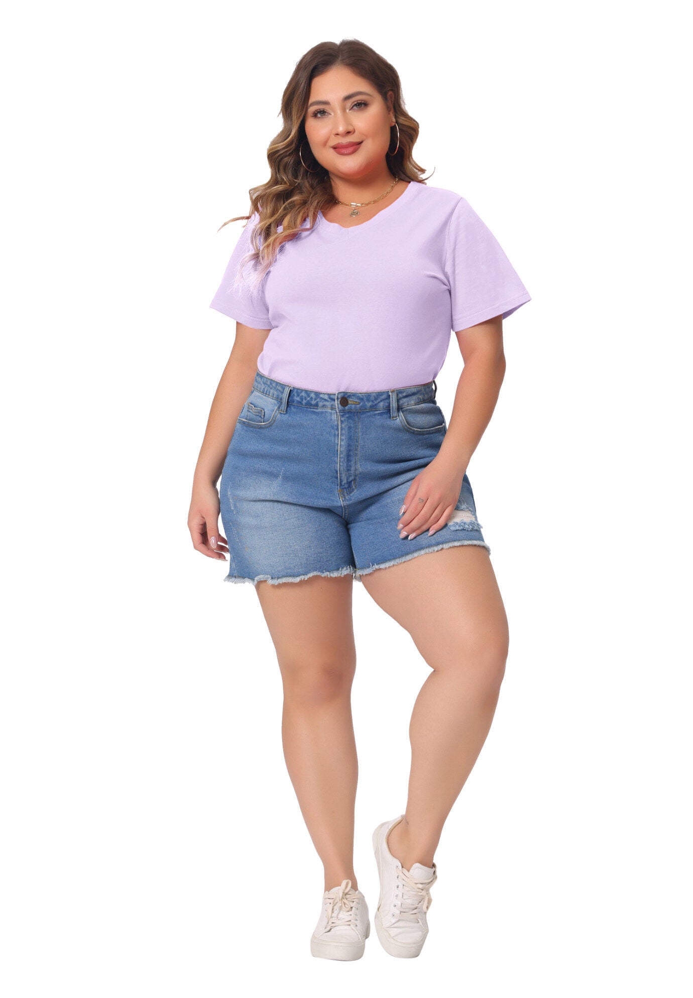 Short Sleeve V Neck Basic T-Shirt Top, Purple / Purple, hi-res image number 0