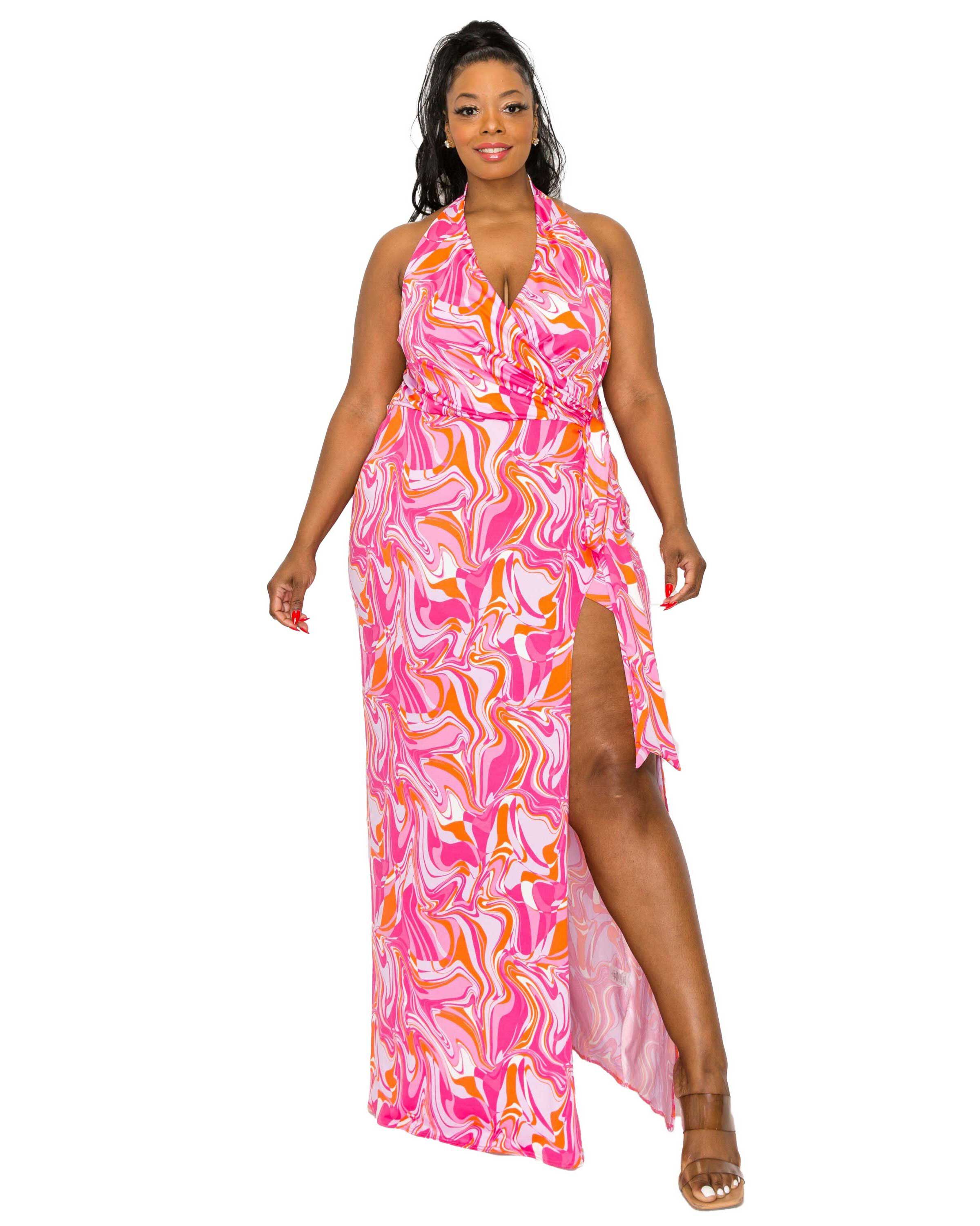 Gisele Halter Neck Dress, FuchsiaPink / Deep Fuchsia, hi-res image number 0