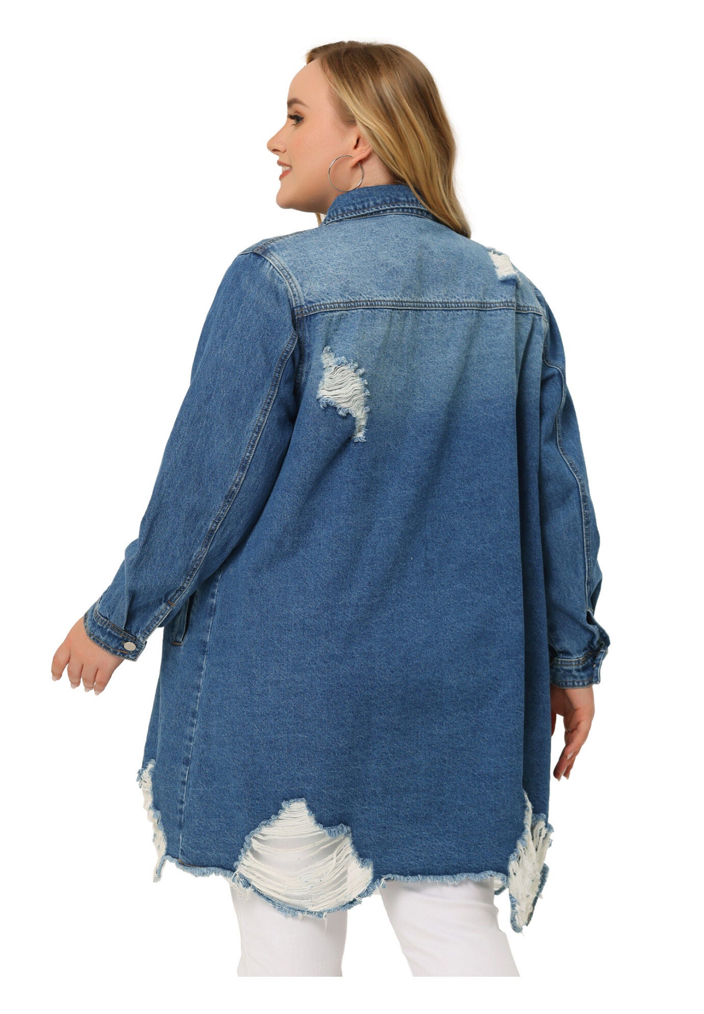 CLASSIC DISTRESSED FRAY HEM TRUCKER DENIM JACKET, Dark Blue / Navy, alternate image number 3