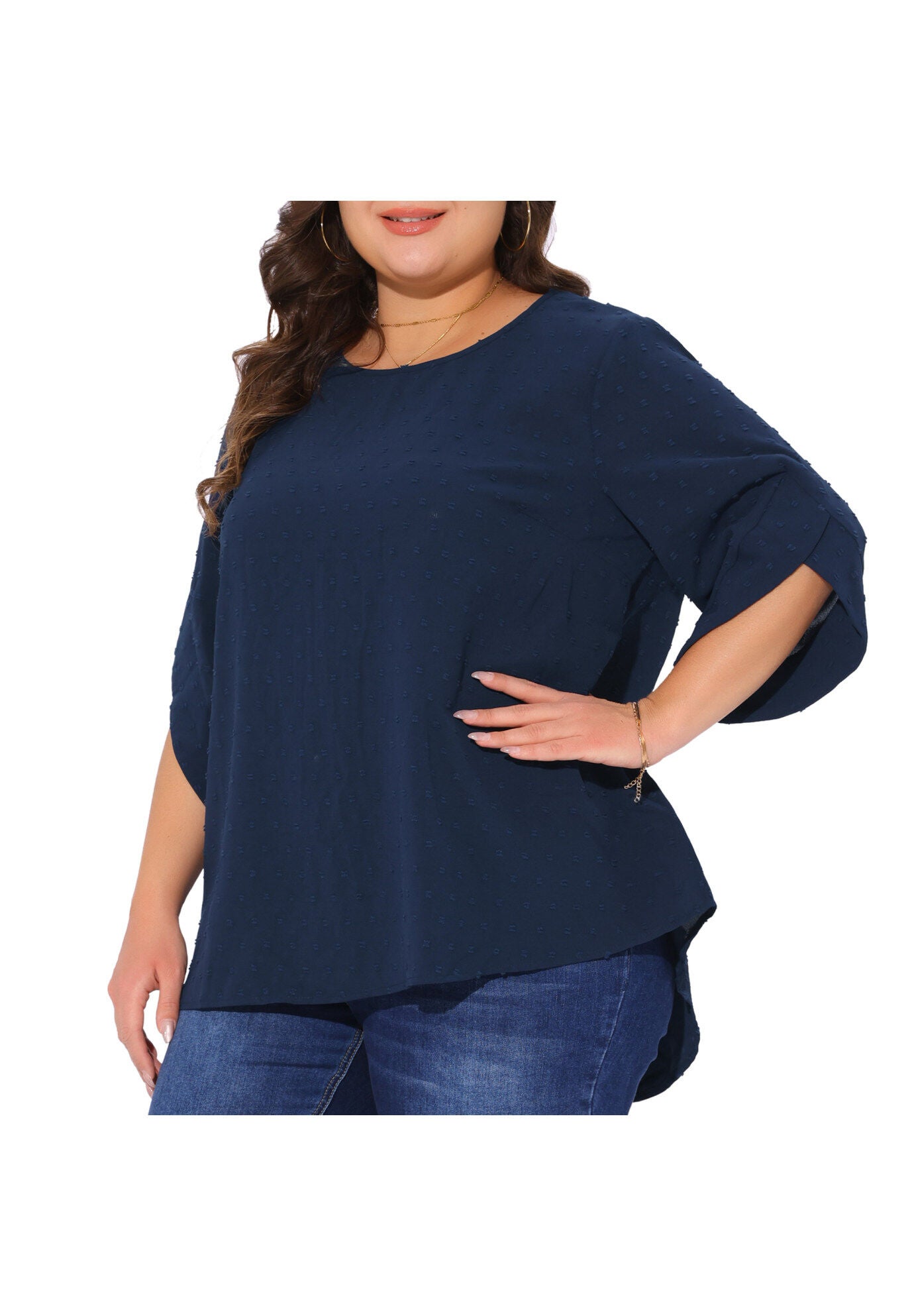 Round Neck Petal Sleeve Swiss Dots Blouse Top, Navy Blue / Navy, alternate image number 2