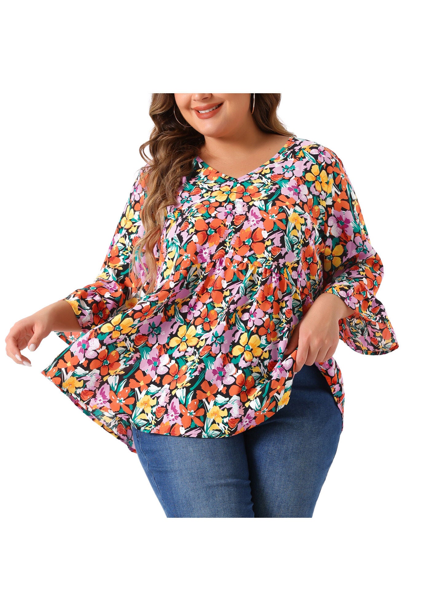 Floral V Neck Ruffle Sleeve Babydoll Peplum Blouse, Orange Black / Orange, alternate image number 2