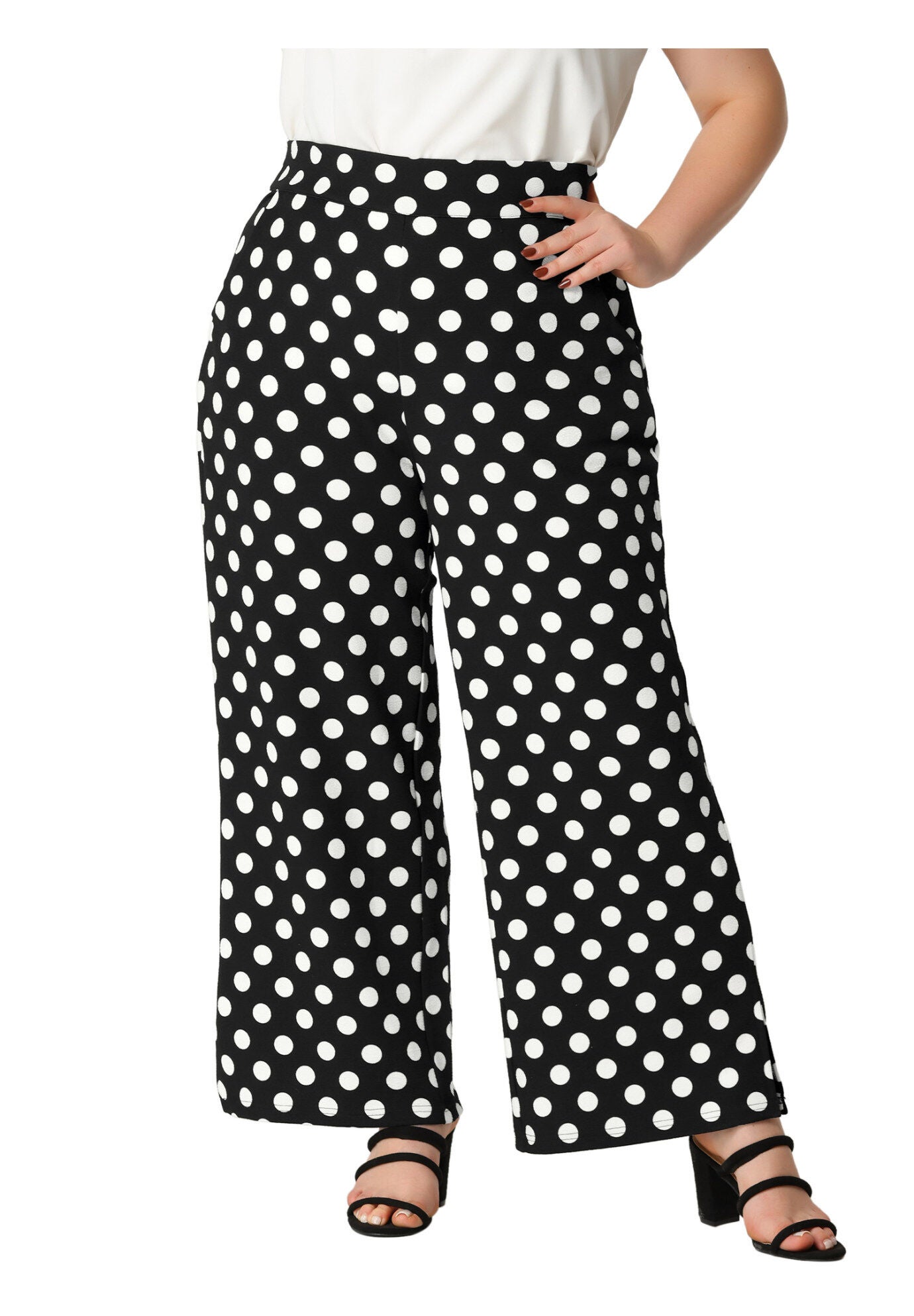 POLKA DOTS ELASTIC WAIST WIDE LEG OVERSIZE PALAZZO PANTS, Black / Black, alternate image number 2