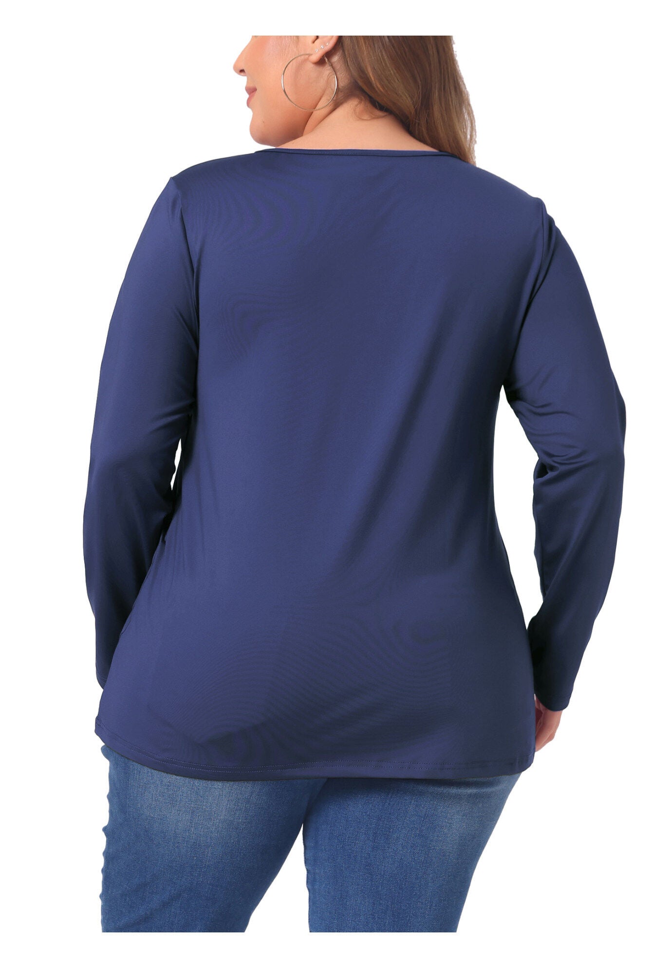 NOTCHED NECK LONG SLEEVE T-SHIRT LOOSE CASUAL TUNIC BLOUSE, Dark Blue / Navy, alternate image number 3