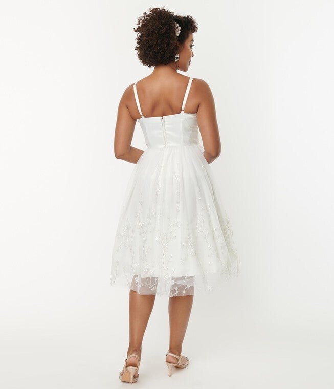 Unique Vintage White Tulle & Floral Beading Bertie Swing Dress, White / White, alternate image number 4