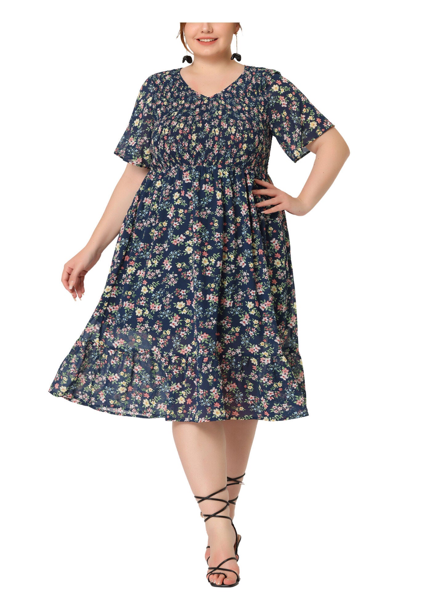 Flare Smock Ruffle Chiffon Floral Midi Dress, Blue / Navy, alternate image number 1