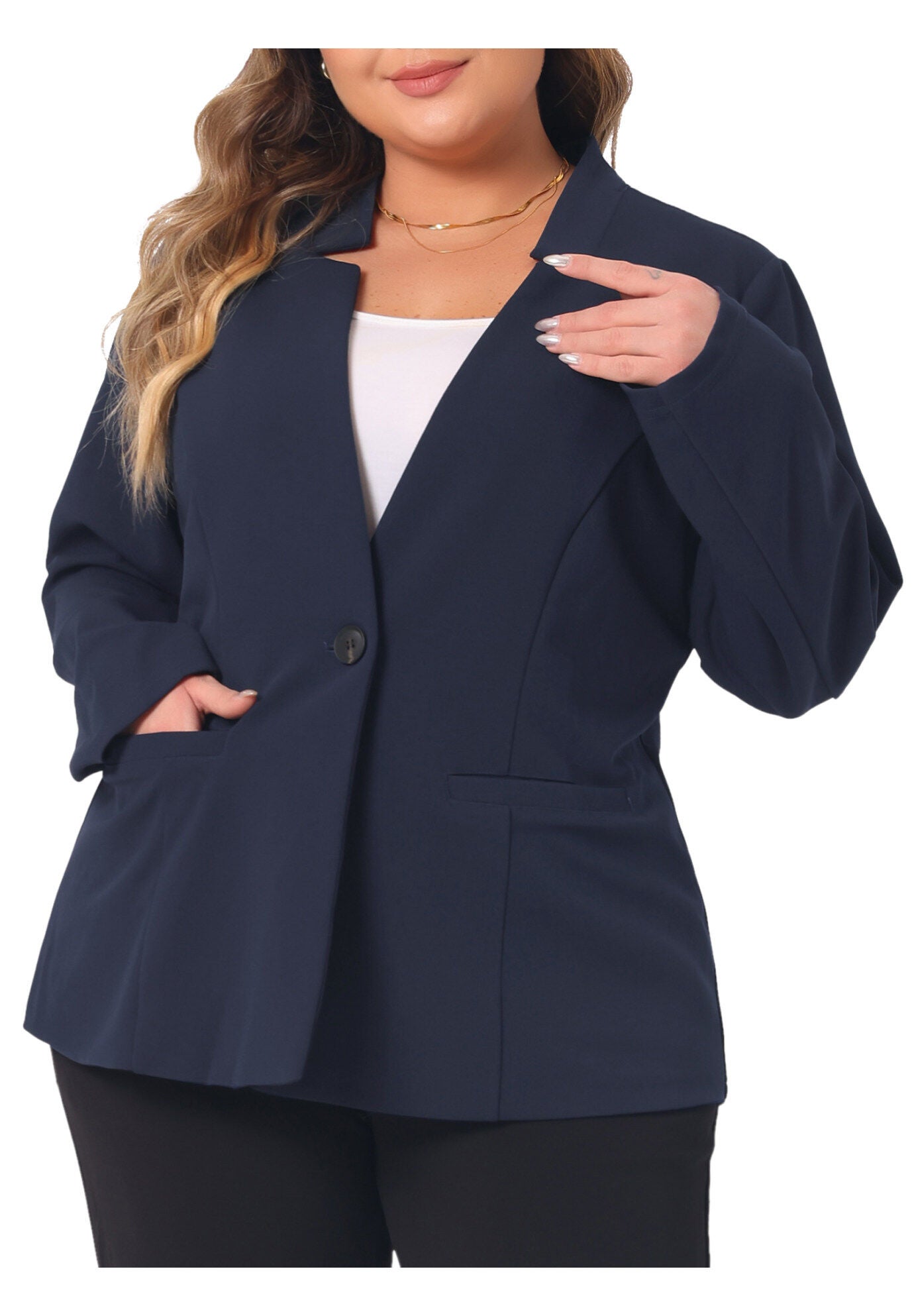 OFFICE WORK BUTTON LONG SLEEVE BLACK BLAZER, Navy Blue / Navy, alternate image number 1