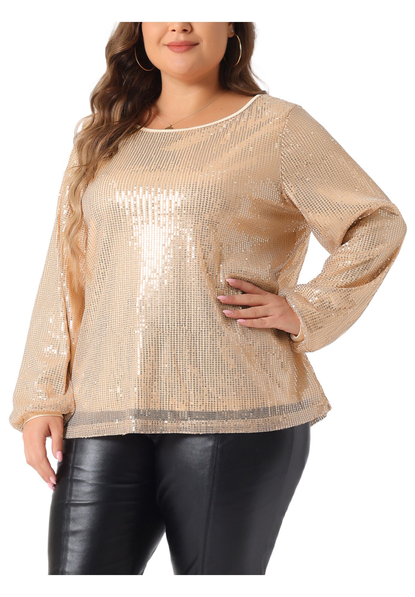 Long Sleeve Glitter Party Sparkly Sequin Top, Champagne / Gold, alternate image number 1