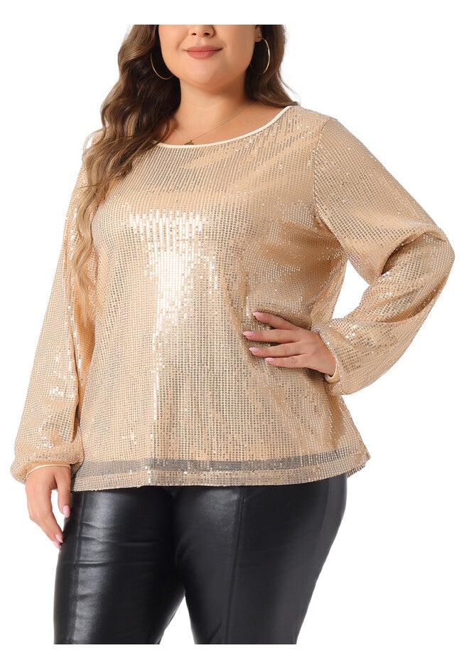 Long Sleeve Glitter Party Sparkly Sequin Top, Champagne / Gold, alternate image number 1
