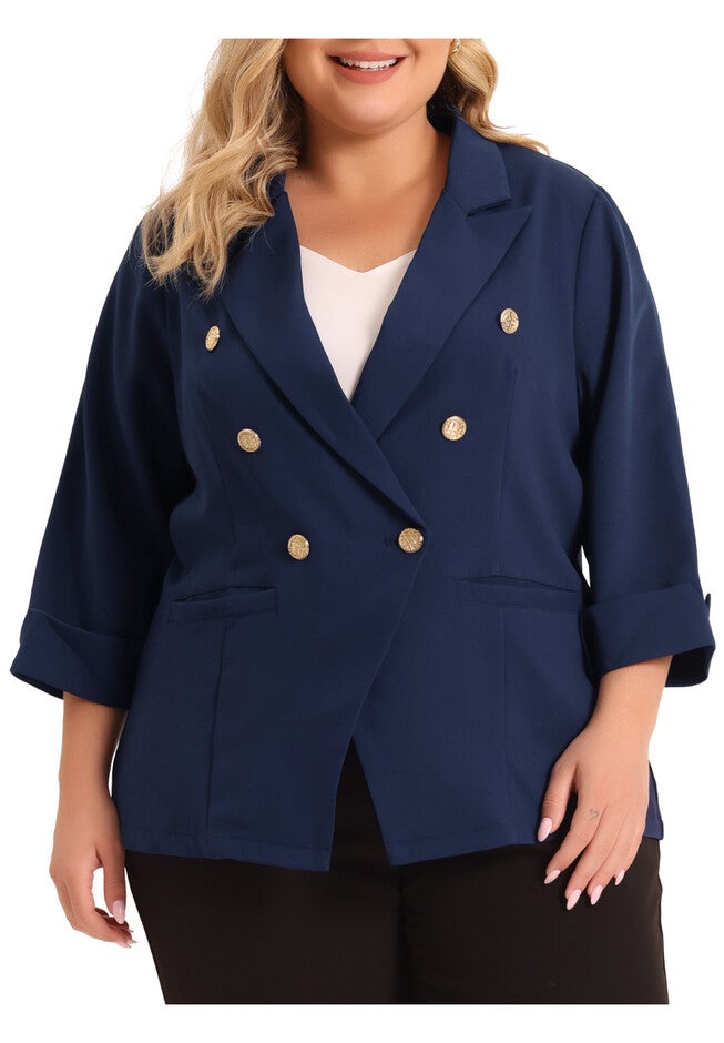 BUTTON 3/4 SLEEVE BUSINESS SUIT BLAZER, Dark Blue / Navy, alternate image number 1