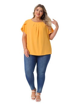 Round Neck Pleated Top Tulip Sleeves Blouse Top