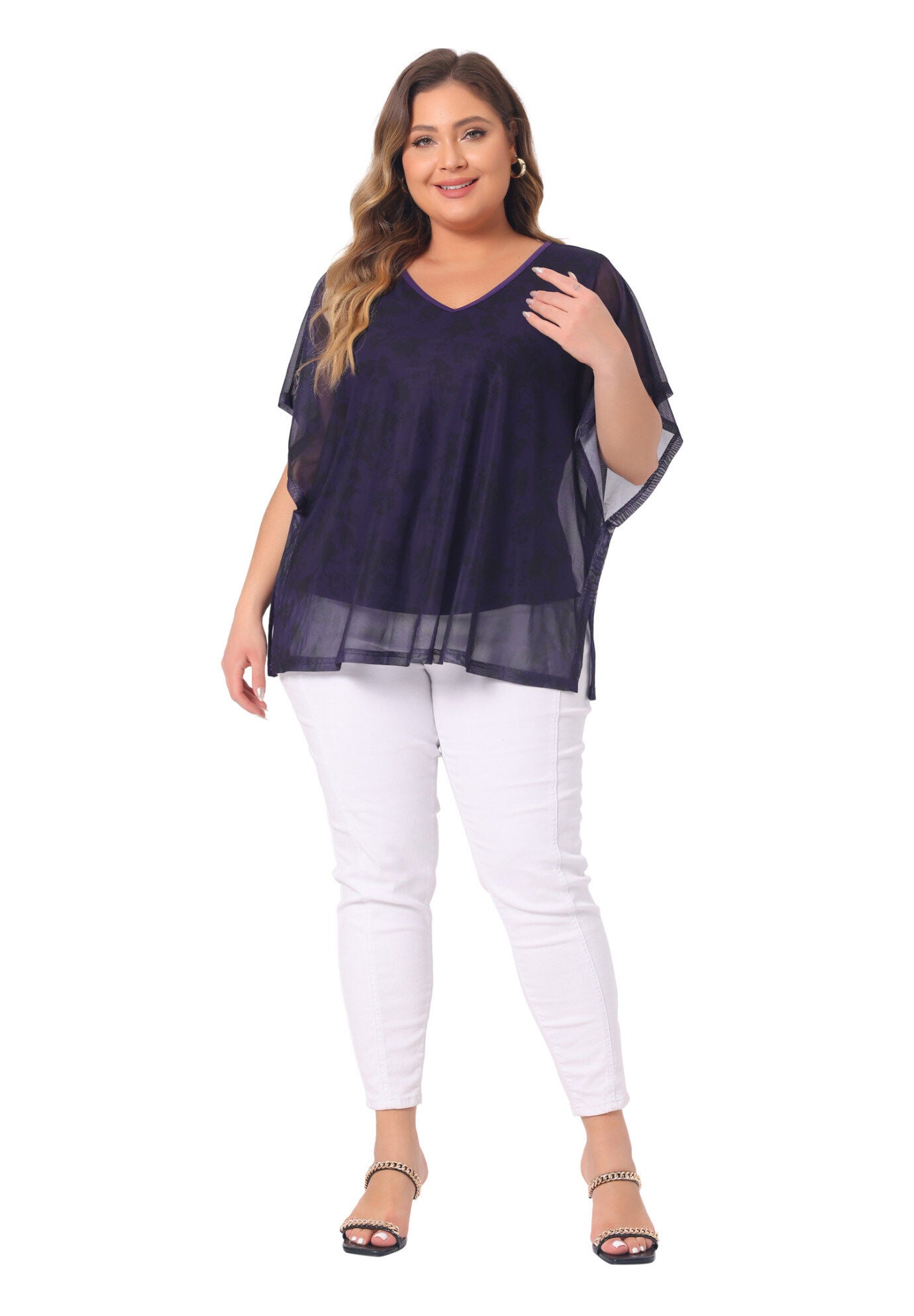 Floral Pattern Batwing Sleeve Beach Cover Loose Tunic Blouse, Purple / Purple, hi-res image number 0