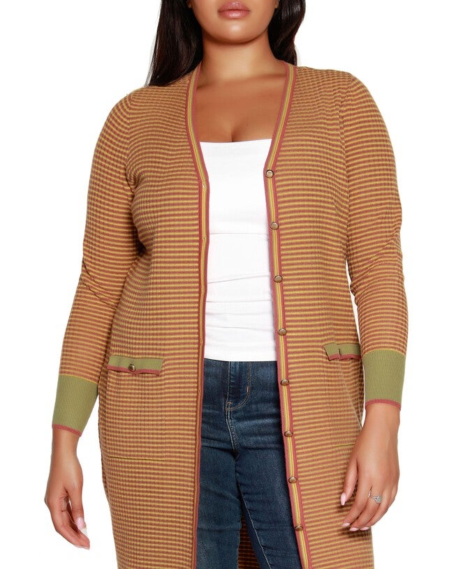 Plus Size Striped Button-Front Duster, Light Olive Combo / Olive Green, alternate image number null
