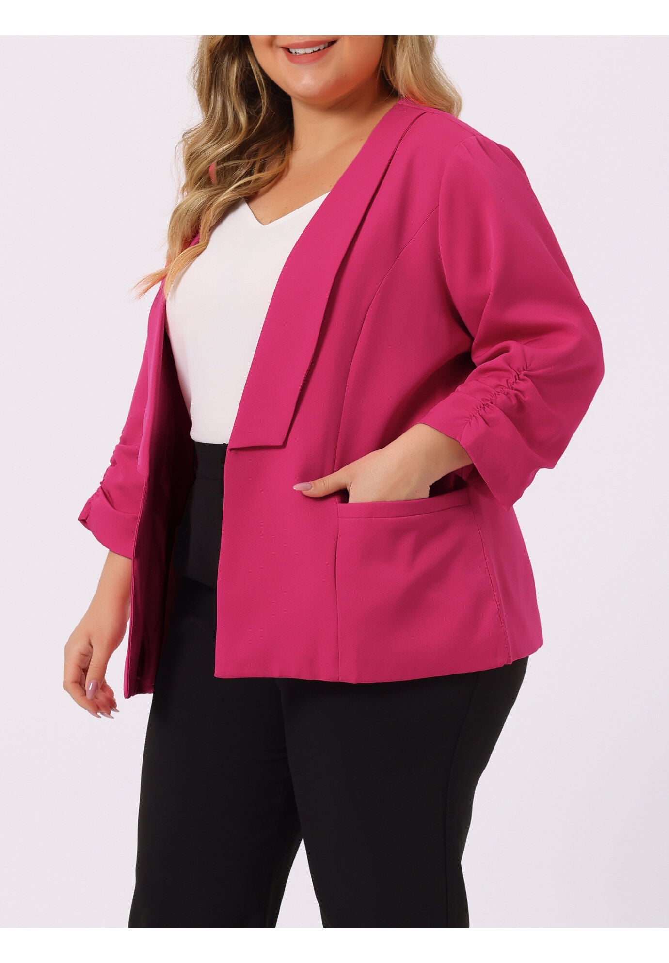 OPEN FRONT 3/4 RUCHED SLEEVE LIGHTWEIGHT BLAZER, Hot Pink / Deep Fuchsia, alternate image number 1