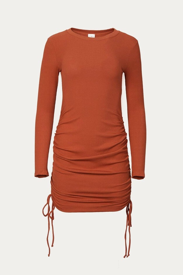 RUCHED RIBBED STRETCH-MODAL MINI DRESS IN RUST, Rust / Orange, hi-res image number 0
