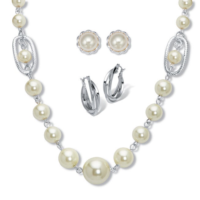Silvertone Simulated Pearl Silvertone Graduated Jewelry Set, 18 inches, White / White, hi-res image number 0