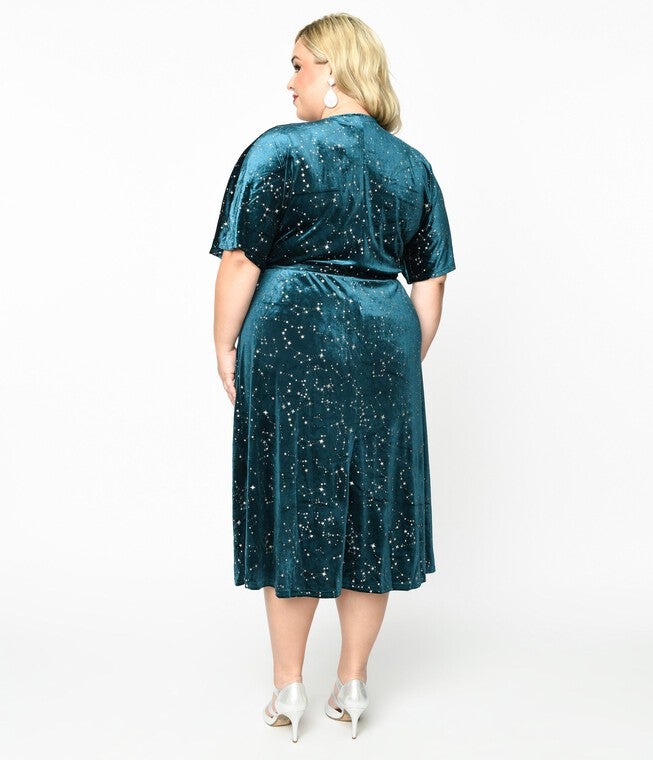 Unique Vintage Teal Velvet & Silver Stars Wrap Midi Dress, Teal Velvet Silver Stars / Teal, alternate image number 1
