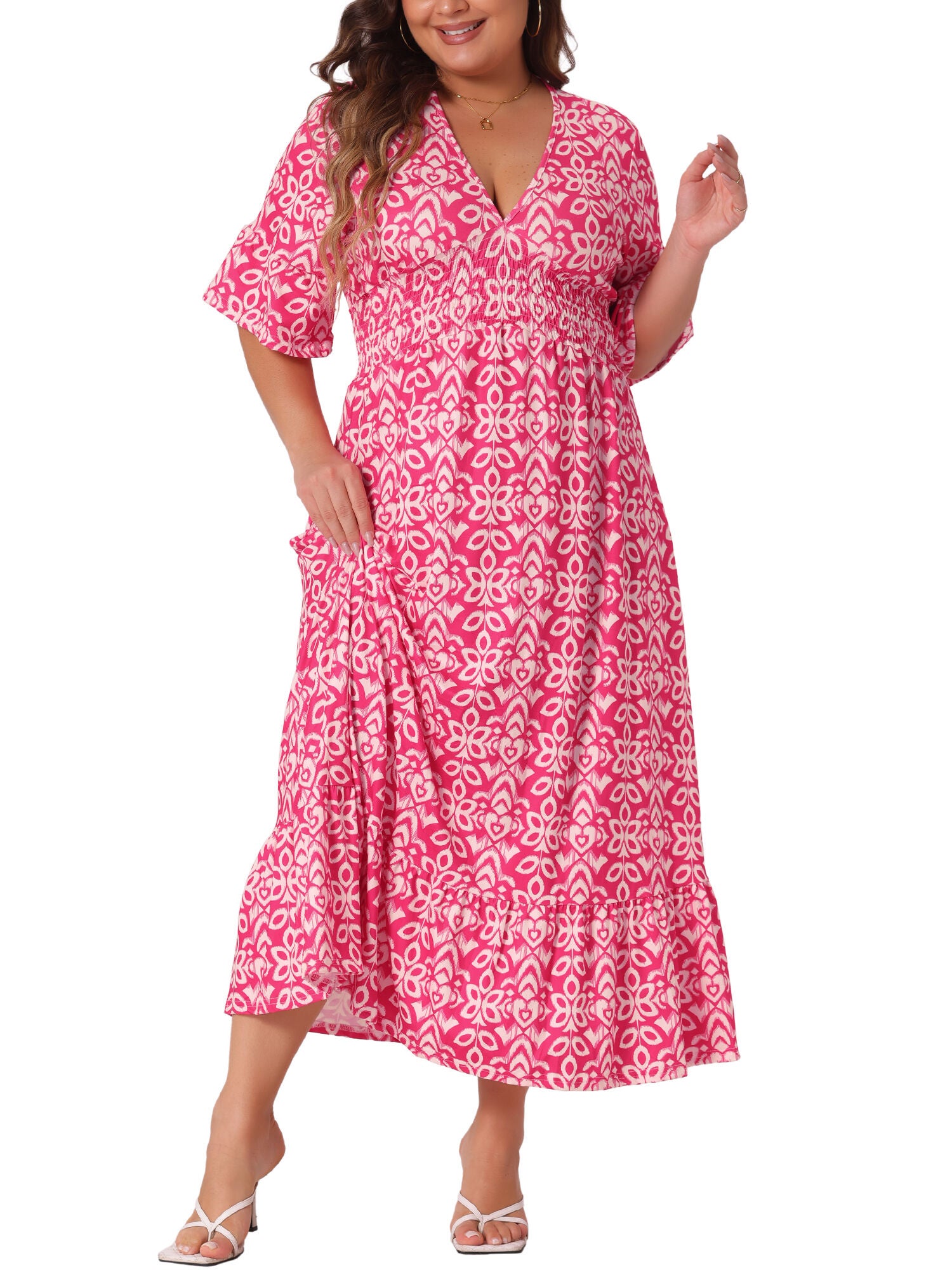 Bell Sleeve Ruffled Hem V Neck Short Sleeve Boho A Line Long Dress, Hot Pink / Deep Fuchsia, alternate image number 1