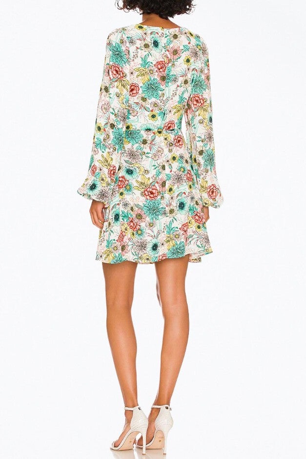 SAYLA CUTOUT CREPE MINI DRESS IN TEAL GARDEN, , alternate image number null