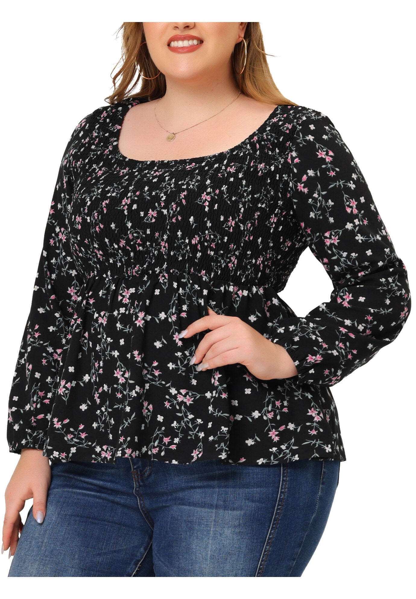 Floral Square Neck Smock Waist Peplum Top, Black / Black, alternate image number 2