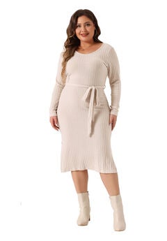Round Neck Long Sleeve Ribbed Knit Side Slit Tie Waist Bodycon Midi Dress