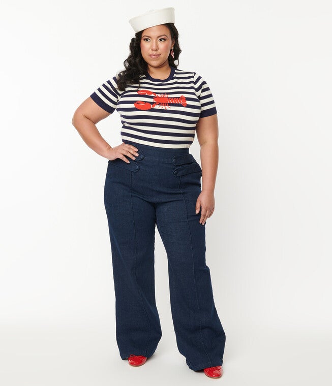 Unique Vintage Denim High Waist Wide Leg Tab Pants, Blue Denim / Destructed Dark Wash, hi-res image number 0