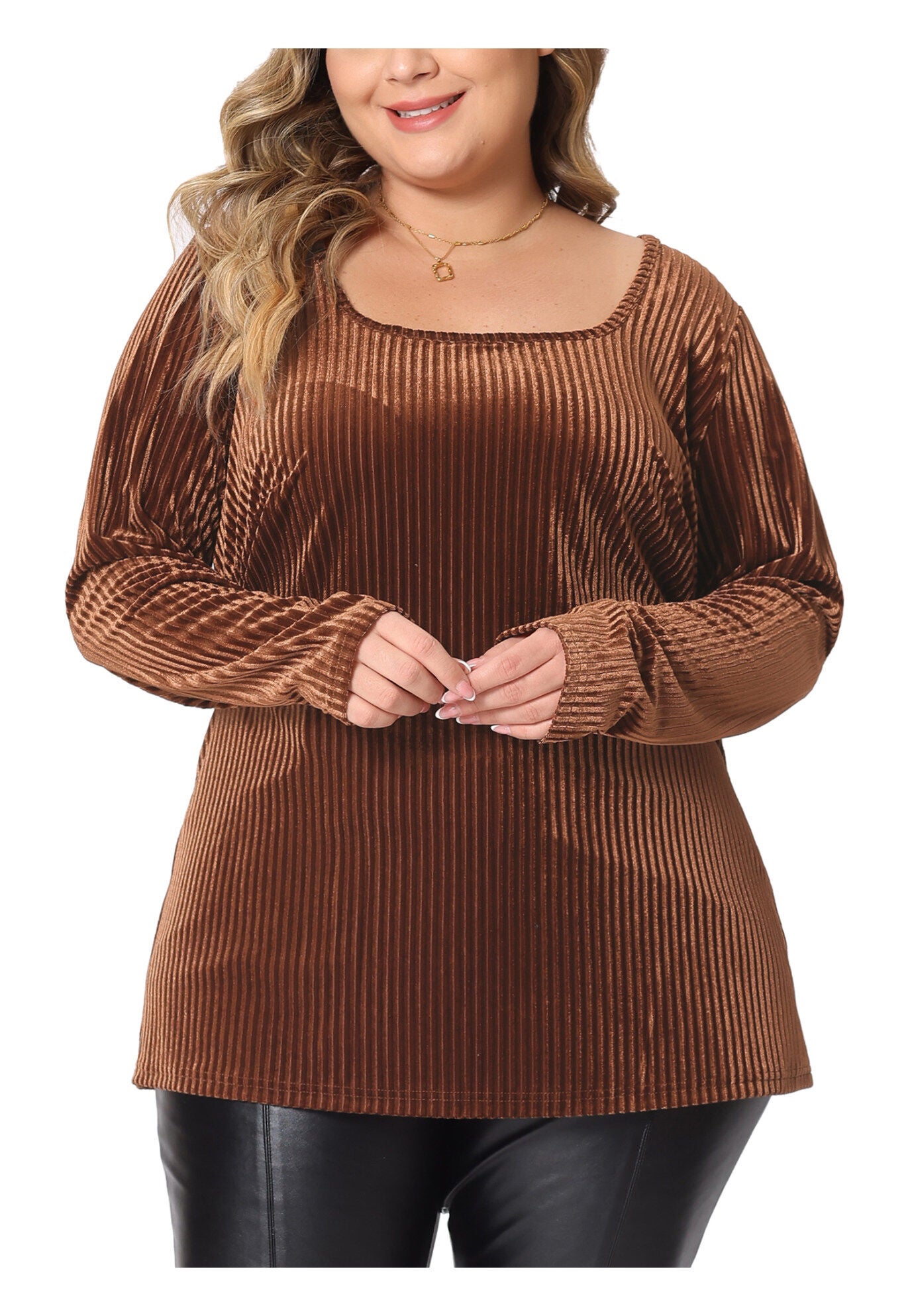 Square Neck Pullover Long Sleeve Blouse Tunic Velvet Top, Brown / Brown, alternate image number 1