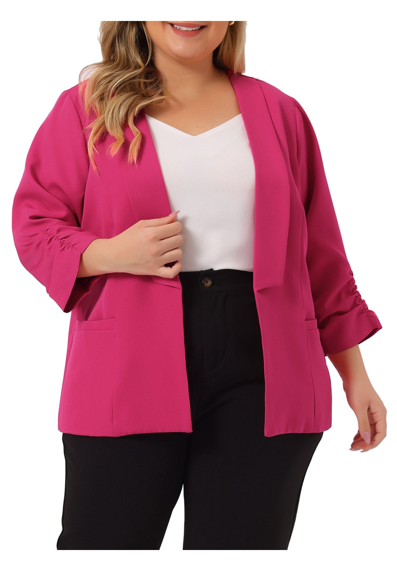 OPEN FRONT 3/4 RUCHED SLEEVE LIGHTWEIGHT BLAZER, Hot Pink / Deep Fuchsia, alternate image number 2