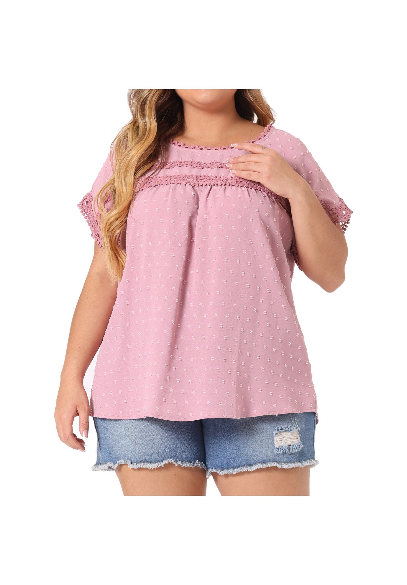Swiss Dots Lace Crochet Short Sleeve Chiffon Blouse, Pink / Pink, alternate image number 1