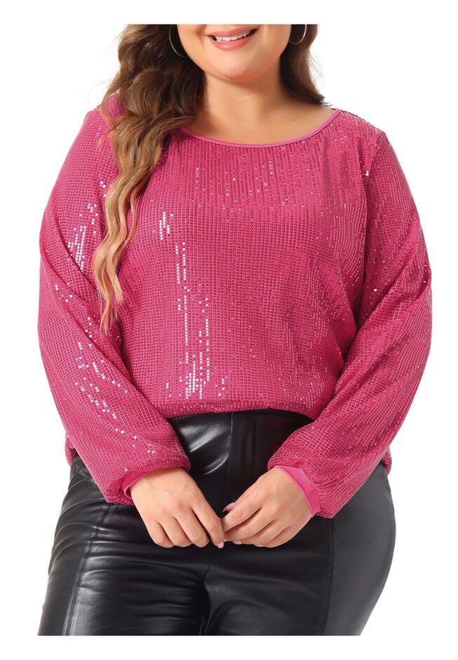 Long Sleeve Glitter Party Sparkly Sequin Top, Hot Pink / Deep Fuchsia, alternate image number null