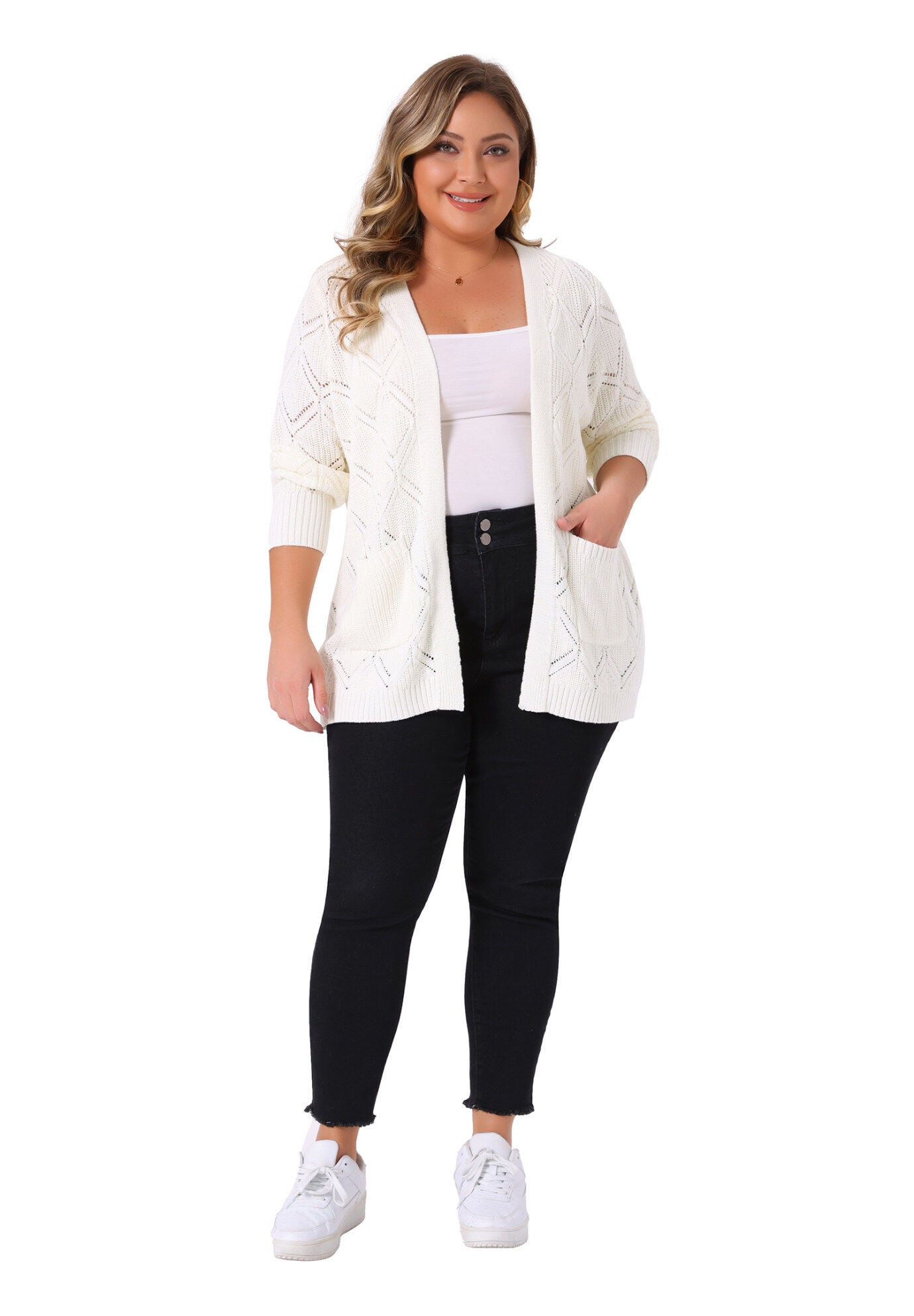 Fall Winter Long Sleeve with Pockets Knit Cardigans, White / White, hi-res image number 0