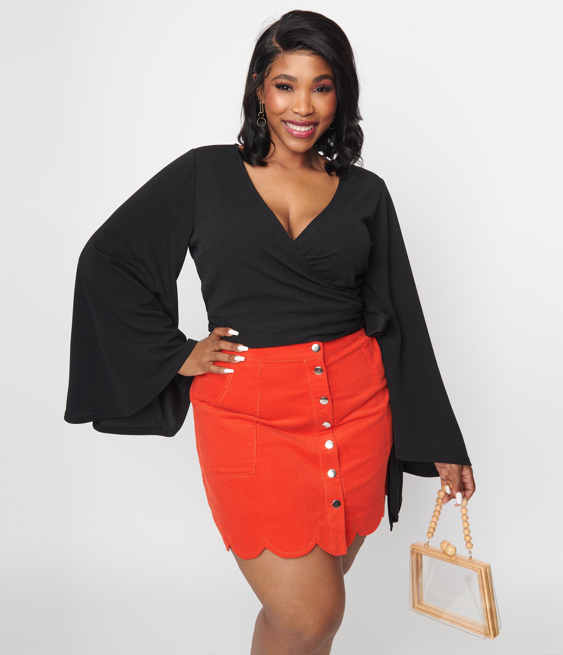 Smak Parlour Black Bell Sleeve Wrap Top, Black / Black, alternate image number 2