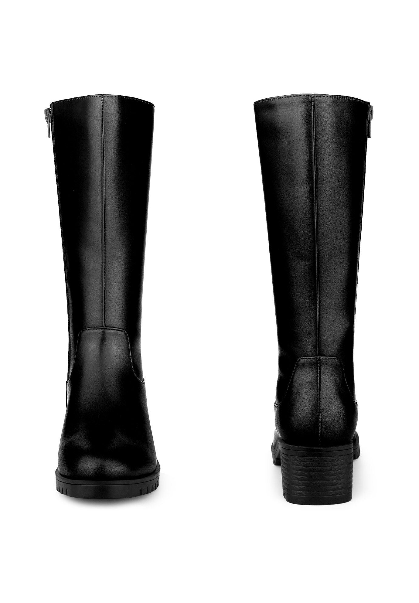 Riding Combat Boot Round Toe Chunky Heels Mid Calf Boots, Black / Black, alternate image number 3