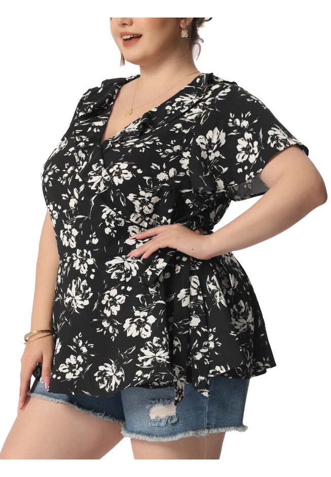 Wrap V Neck Tie Waist Ruffle Sleeve Blouse Summer Floral Top, Black / Black, alternate image number 4