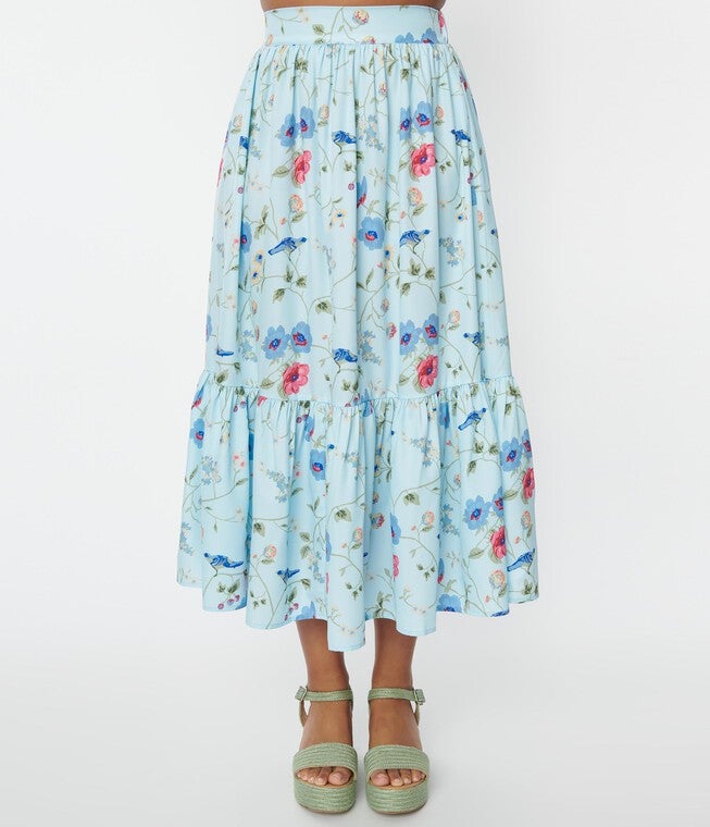 Unique Vintage Blue Floral & Blue Bird Tiered Midi Skirt, , alternate image number null