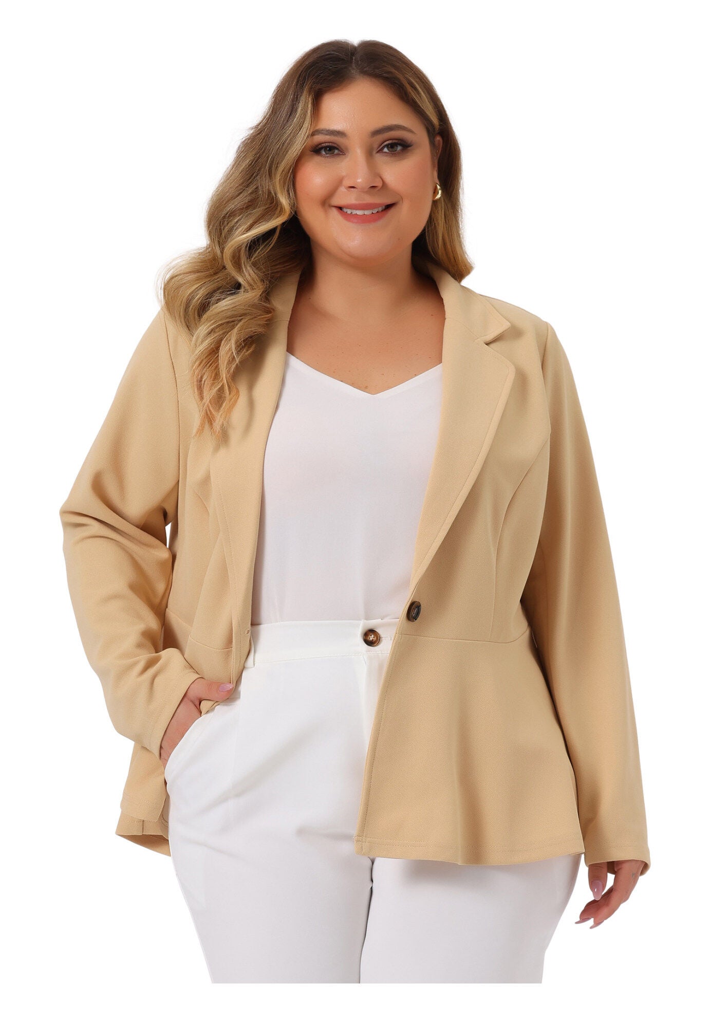 Ruffle V-Neck Button-Front Peplum Blazer, Apricot / Cream, alternate image number 2