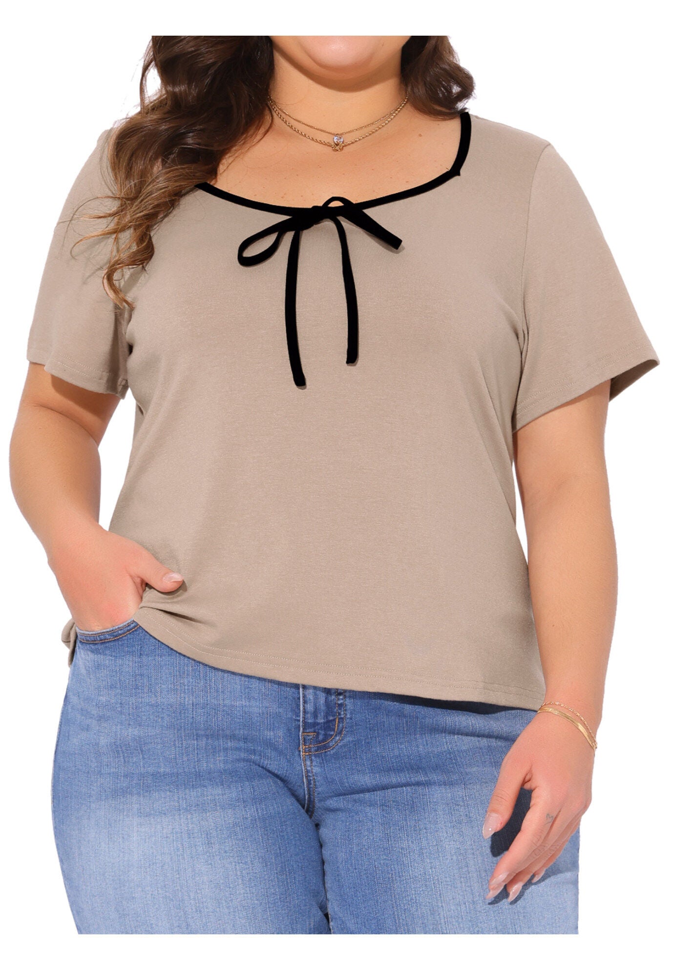 Sweetheart Neck Contrast Trim Tie Knot Short Sleeve T-Shirt, Camel / Beige, alternate image number 2